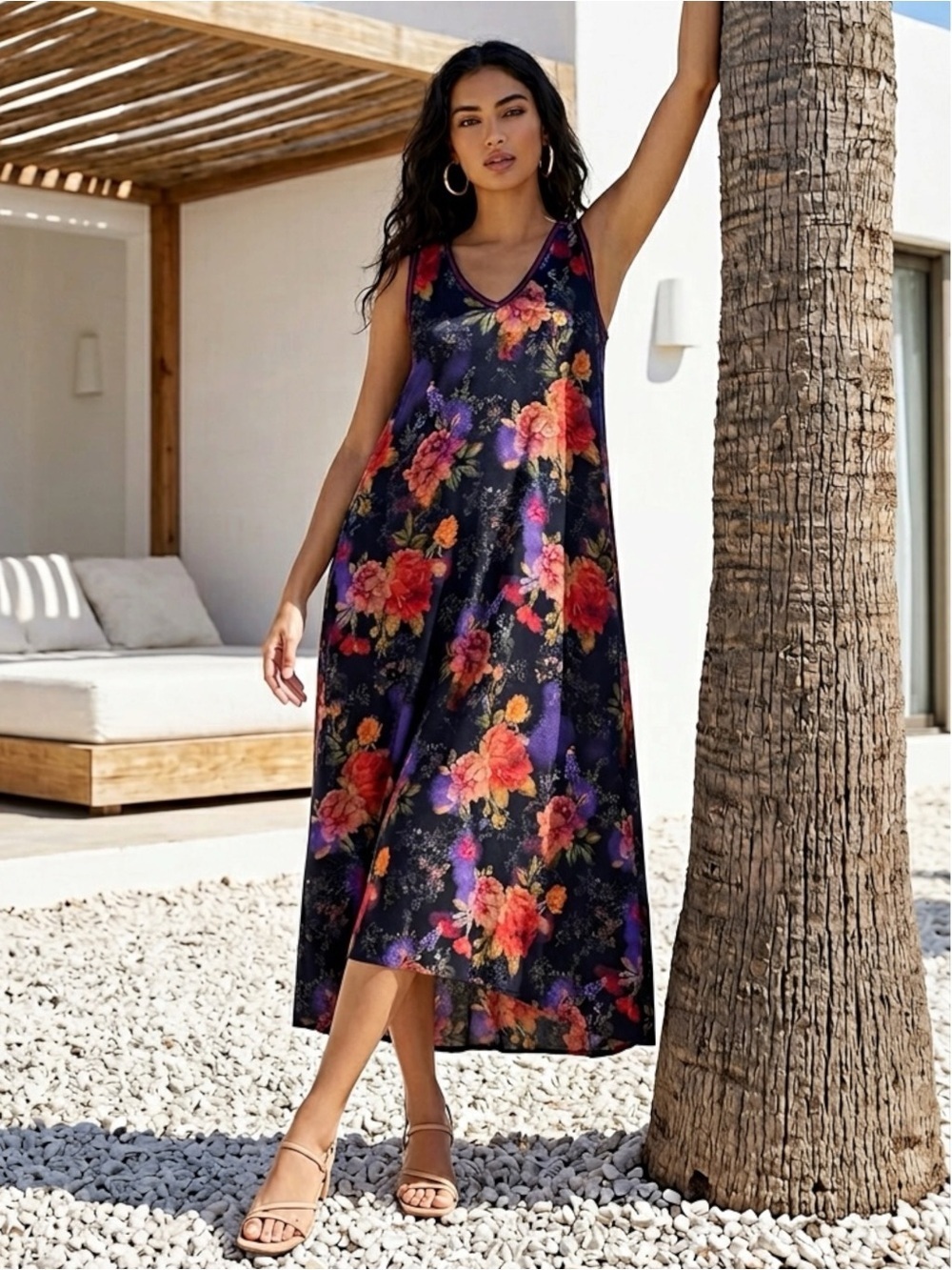 Johnny Was Boho Sleeveless Floral Maxi Dress Sz XXS High-Low Tropical Resort